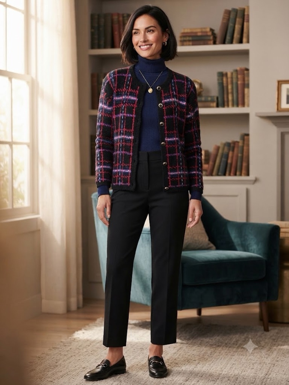 Worthington Vintage Plaid Cardigan Sweater Women’s XL Button Front Knit Academia
